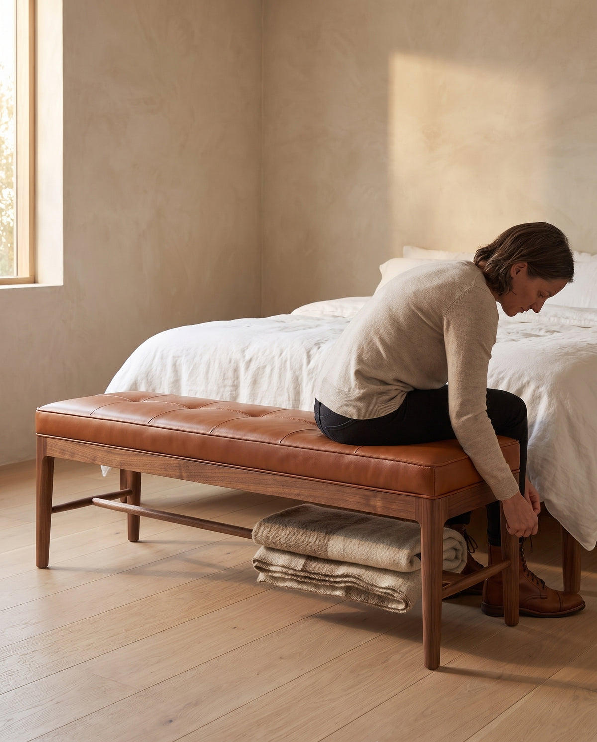 Carnac Cognac Leather and Walnut Bench in everyday use at home