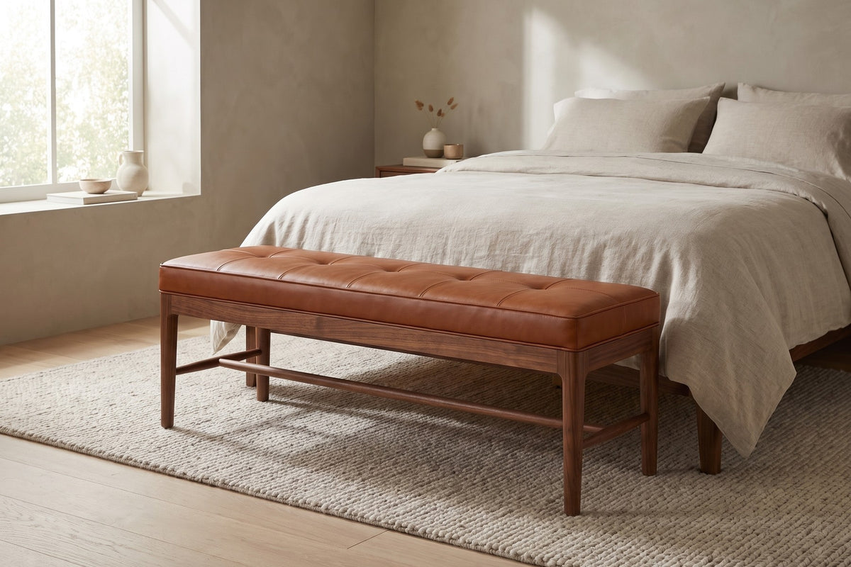 Carnac 56" Leather Bench – Grid-Stitched Top, Solid Walnut Frame