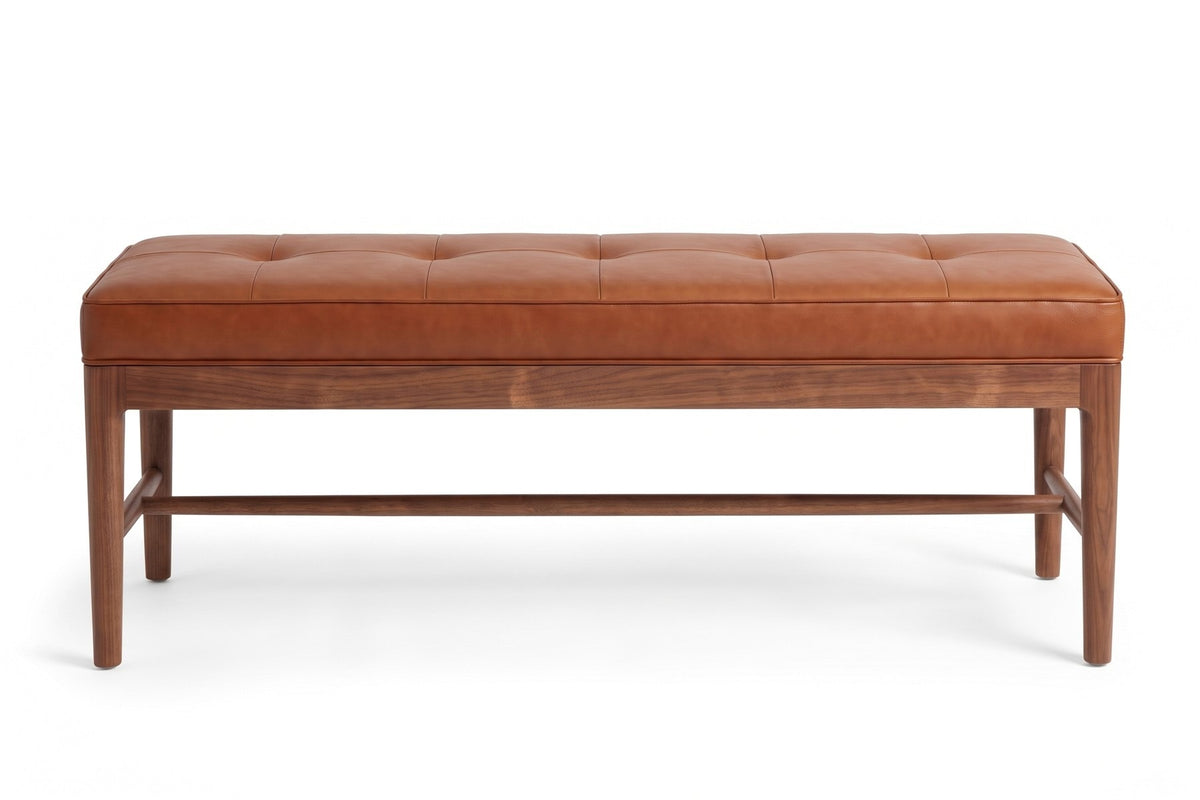 Carnac 56" Leather Bench – Grid-Stitched Top, Solid Walnut Frame