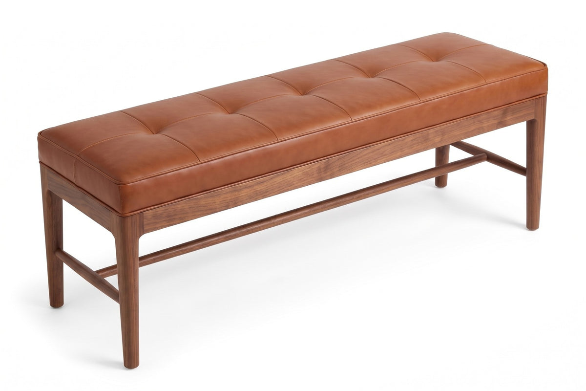 Carnac 56" Leather Bench – Grid-Stitched Top, Solid Walnut Frame
