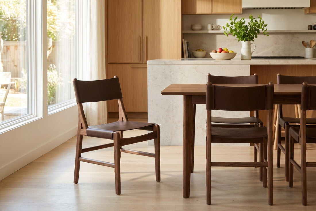 Cassis Leather Sling Dining Chair in Chocolate / Walnut, in a room setting