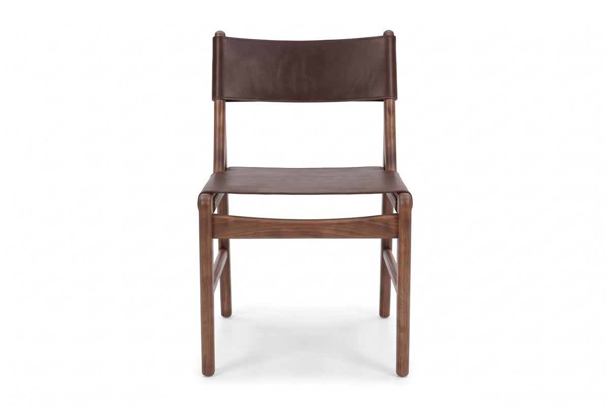 Cassis Leather Sling Dining Chair in Chocolate / Walnut, front view on white