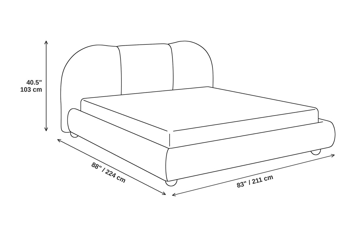 Celeste white bouclé platform bed dimensions: 83 inches (211 cm) wide, 88 inches (224 cm) long and 40.5 inches (103 cm) high