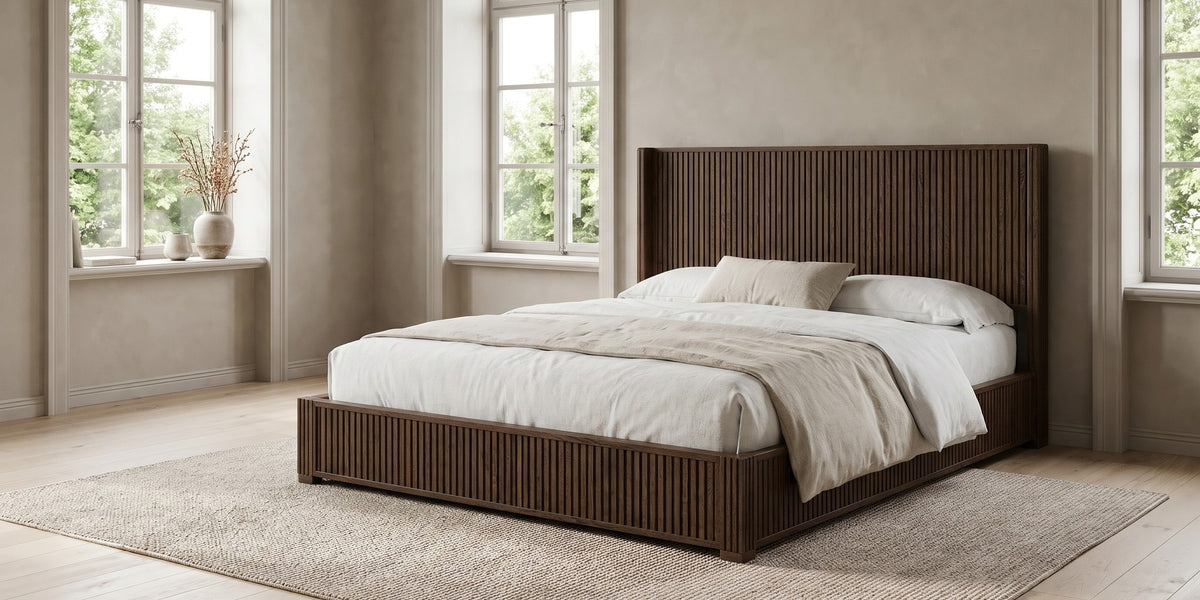 Chaillot fluted walnut-finish wood platform bed, king in a wide room view
