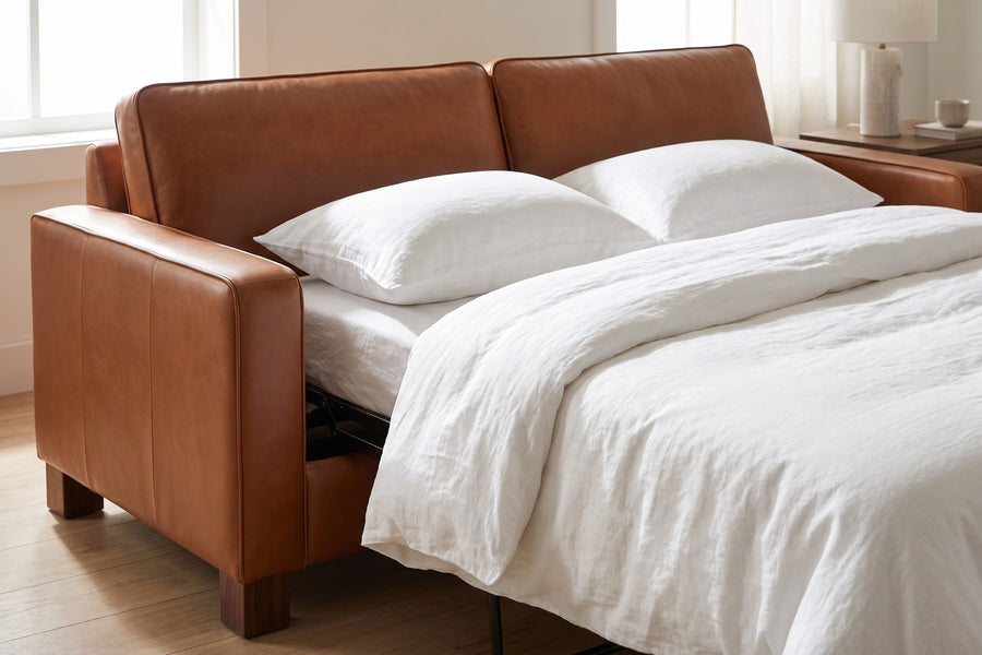 Chamonix Cognac Leather Sleeper Sofa: the sofa opened into a bed in a guest room: the seat cushions removed, the queen pull-out bed opened in front of the sofa, made with white linen bedding and two pillows against the cognac leather back cushions
