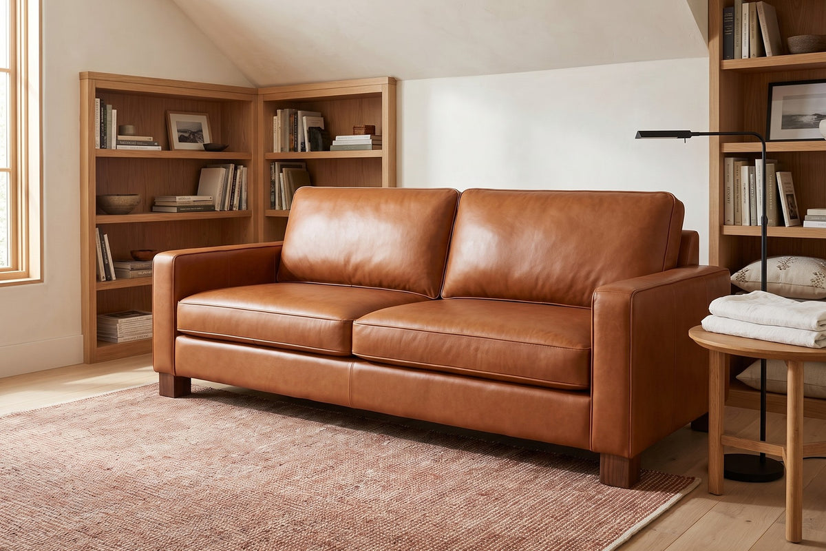 Chamonix Cognac Leather Sleeper Sofa styled in a room