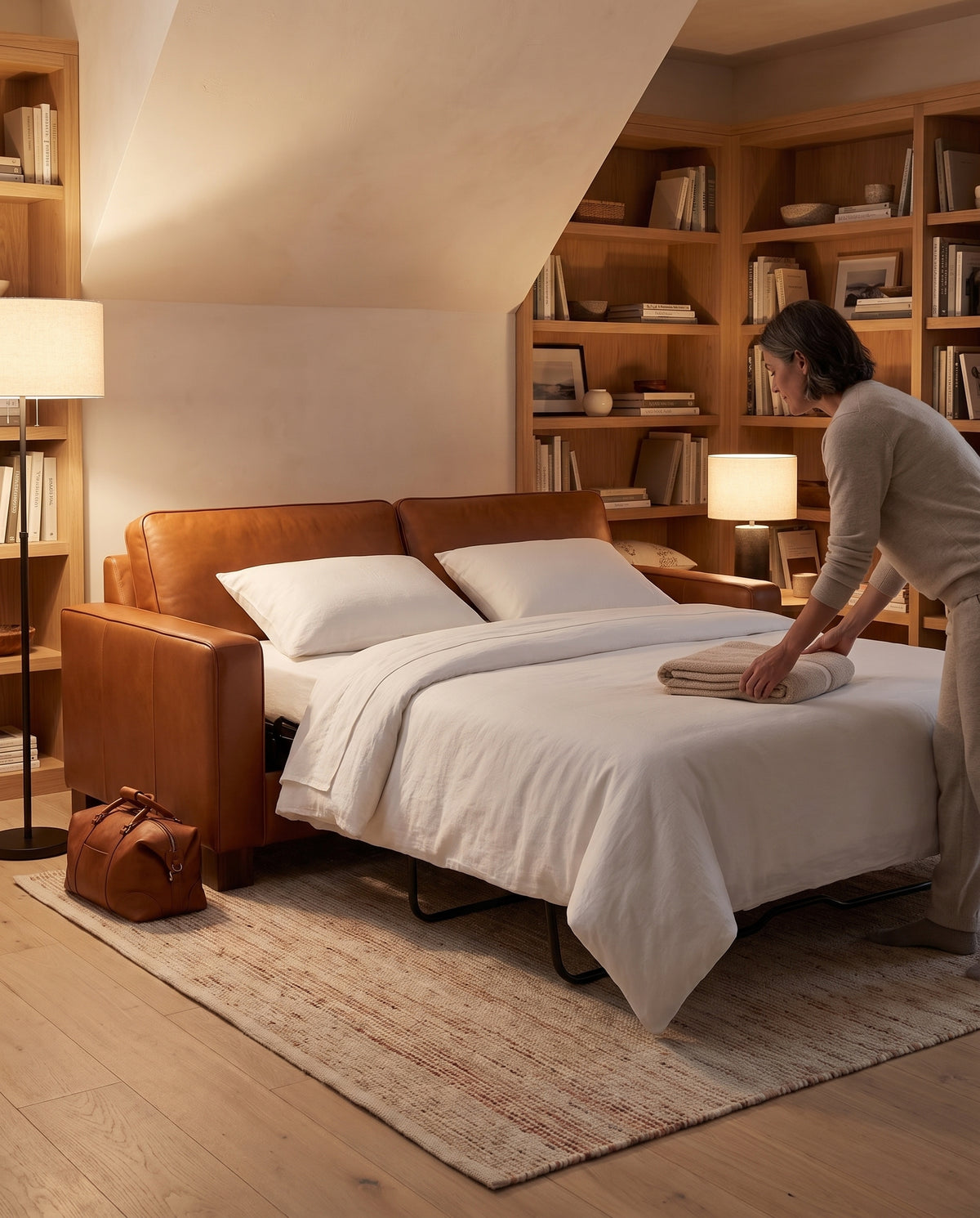Chamonix Cognac Leather Sleeper Sofa in everyday use at home
