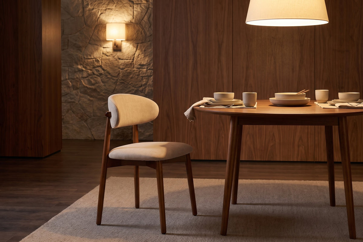 Evening. Under a warm pendant, the light camel upholstery softens a set table.