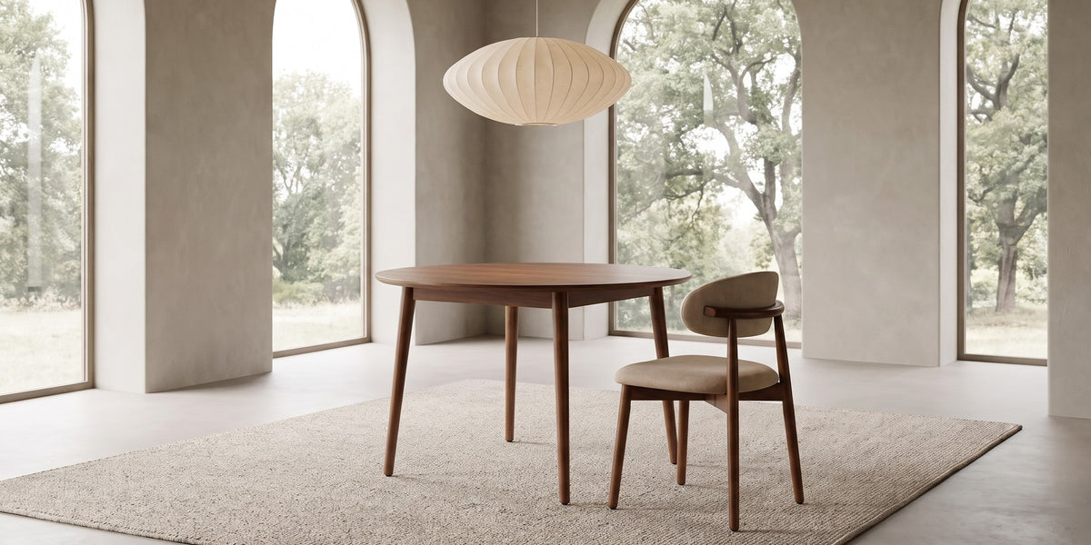 Charonne light camel upholstered dining chair with walnut-finish frame, set of 4 in a wide room view