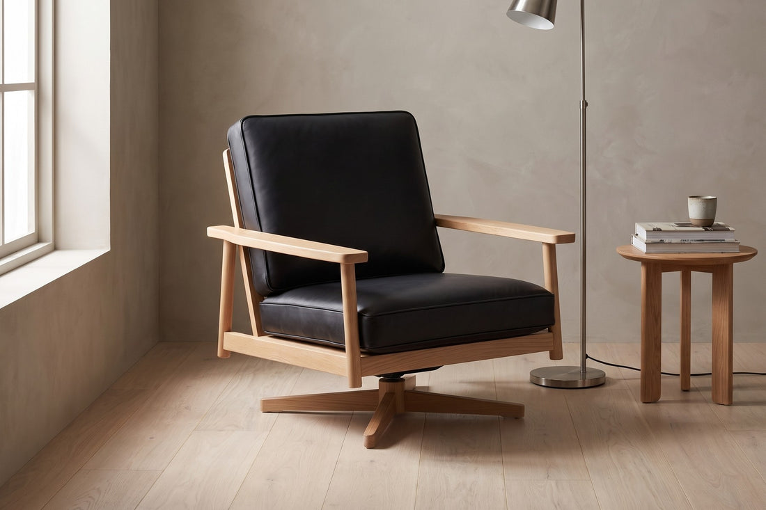 Chinon Leather and Wood Swivel Chair in Black / Natural Oak, in a living space