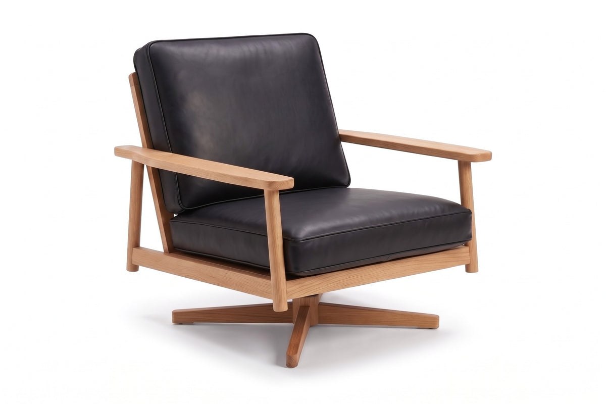 Chinon Leather and Wood Swivel Chair in Black / Natural Oak, three-quarter view on white