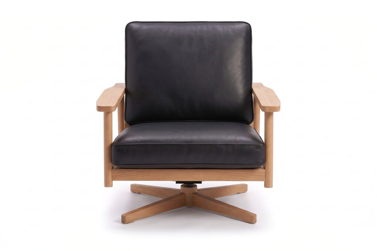 Chinon Leather and Wood Swivel Chair in Black / Natural Oak, front view on white