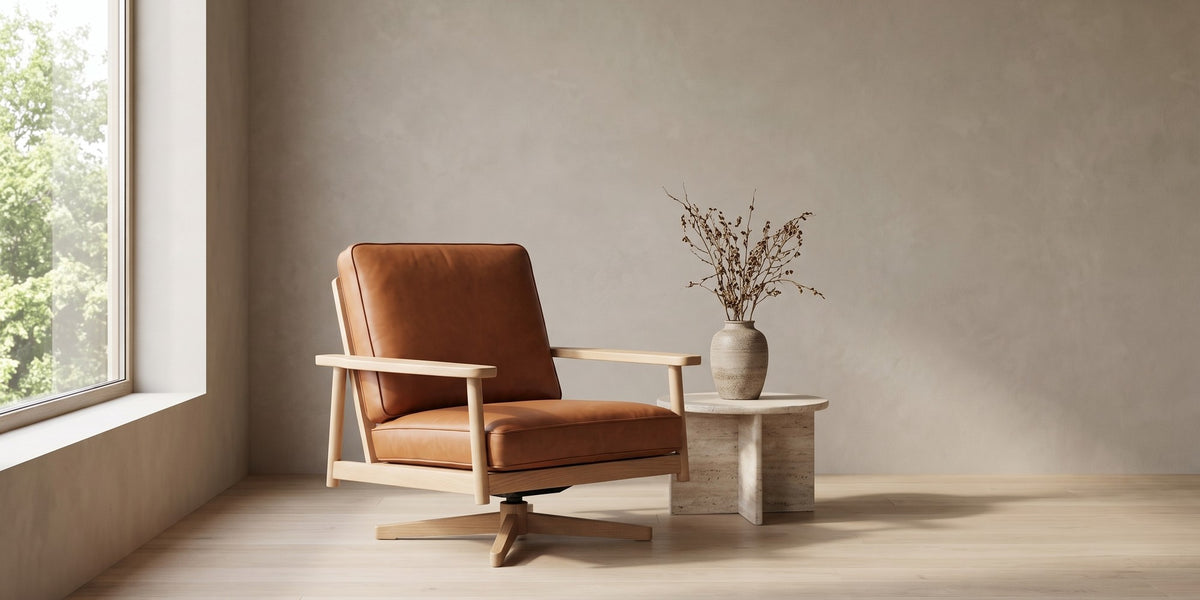 Chinon Cognac Leather and Oak Swivel Chair banner