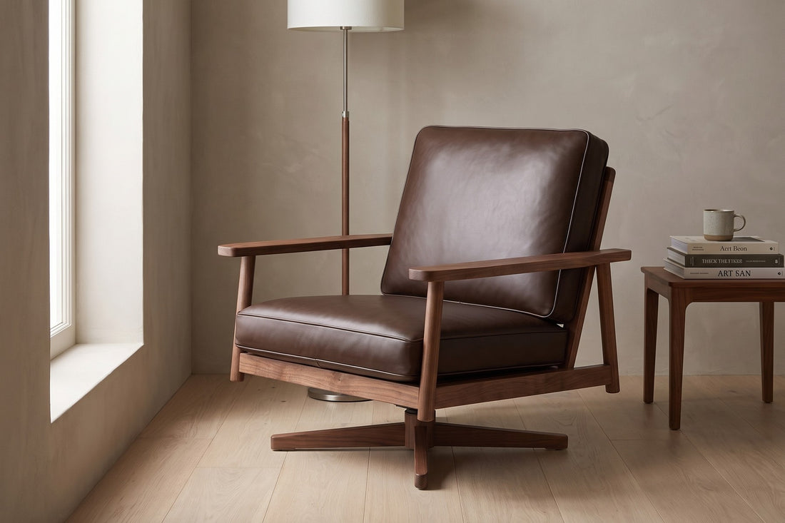 Chinon Leather and Wood Swivel Chair in Chocolate / Walnut, in a living space