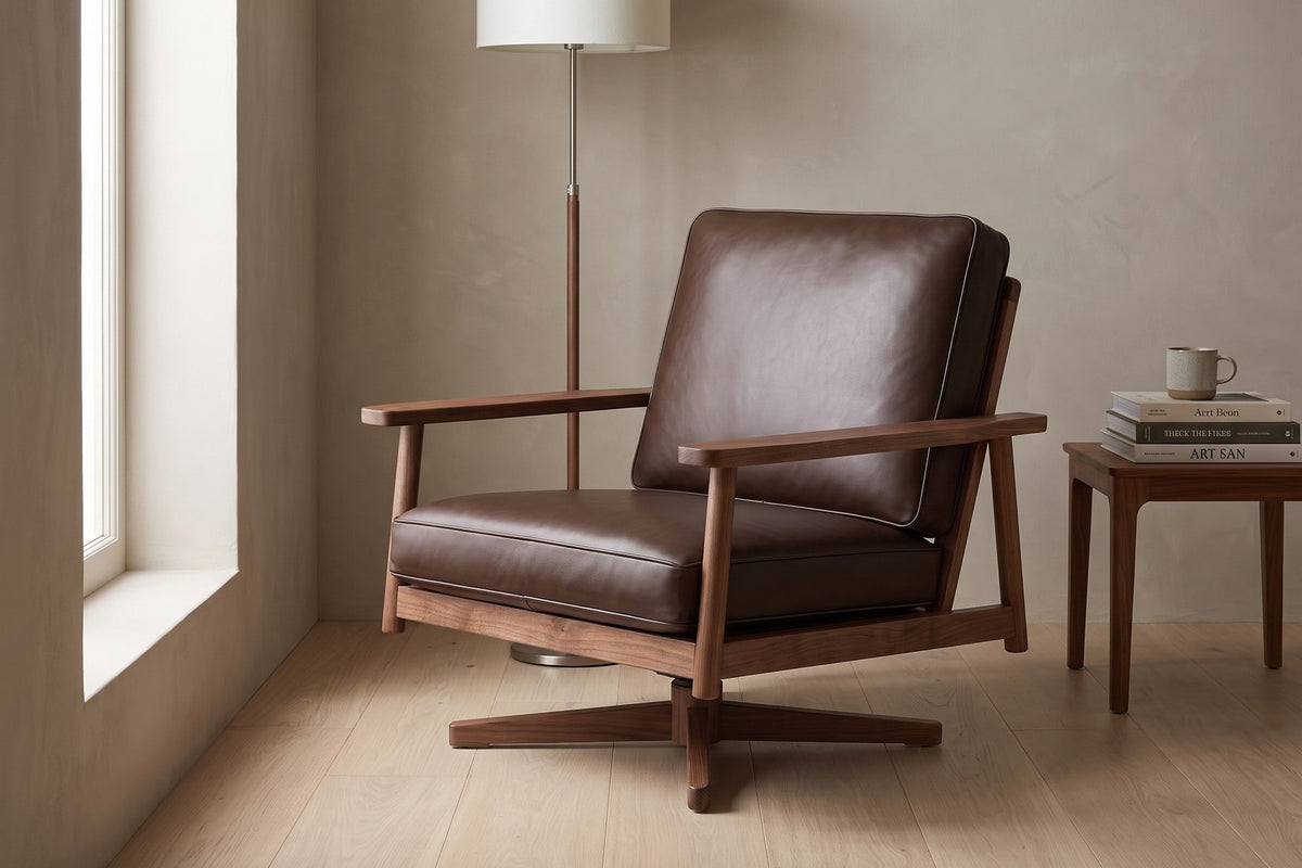 Chinon Leather Swivel Lounge Chair – Solid Oak Frame, Open Arms, 360° Swivel