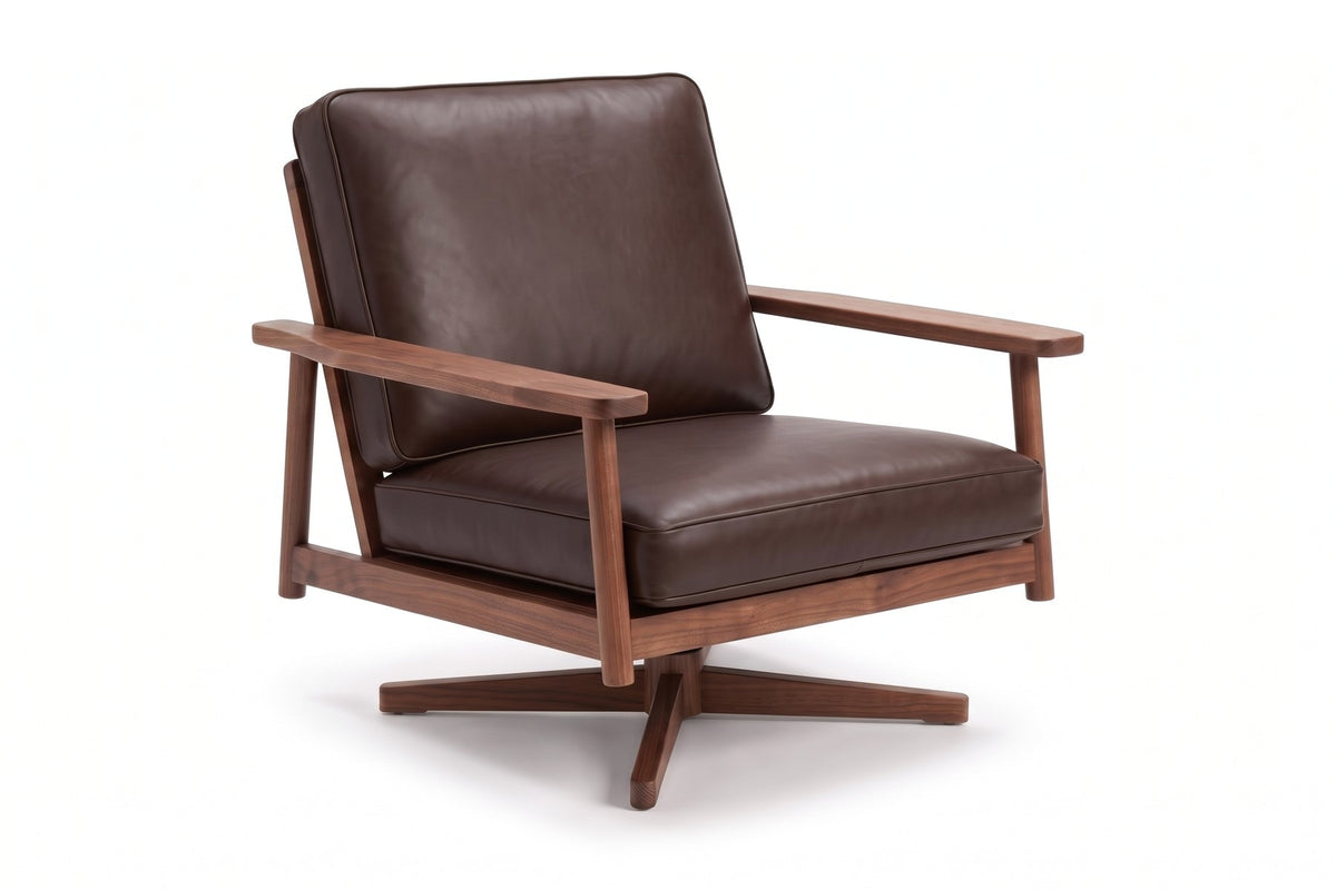Chinon Leather Swivel Lounge Chair – Solid Oak Frame, Open Arms, 360° Swivel