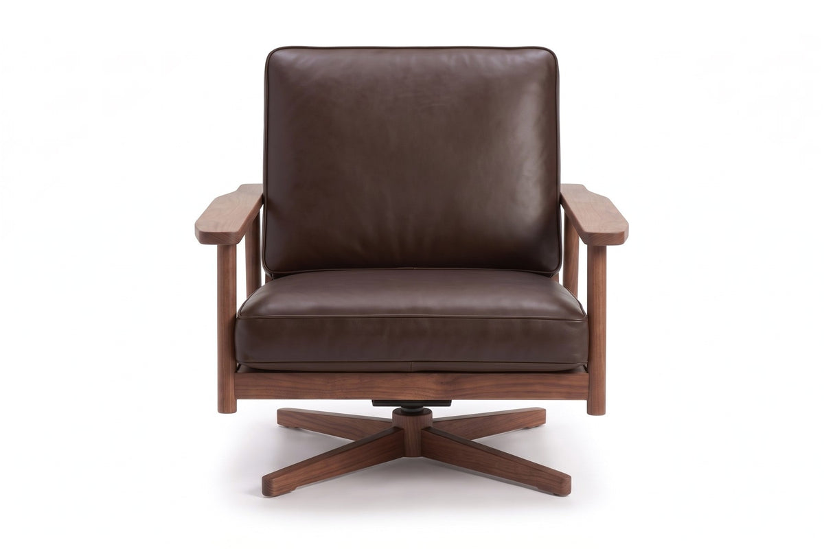 Chinon Leather Swivel Lounge Chair – Solid Oak Frame, Open Arms, 360° Swivel