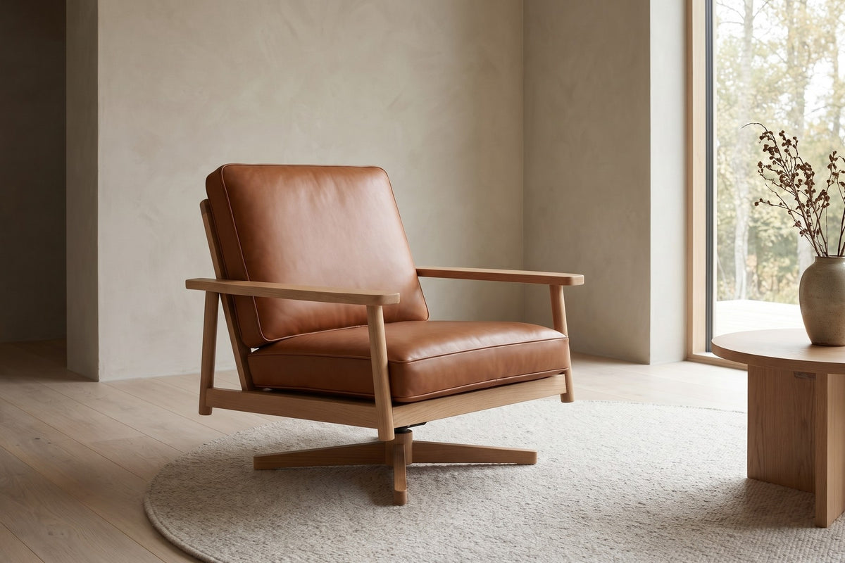 Chinon Leather Swivel Lounge Chair – Solid Oak Frame, Open Arms, 360° Swivel