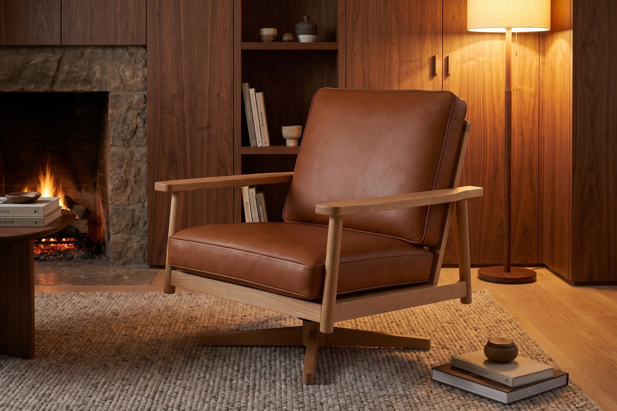 Chinon Cognac Leather and Oak Swivel Chair in a room setting
