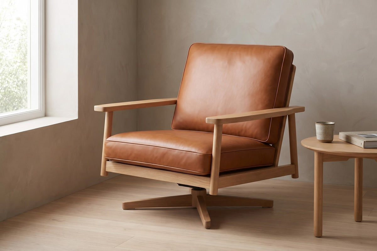 Chinon Leather Swivel Lounge Chair – Solid Oak Frame, Open Arms, 360° Swivel