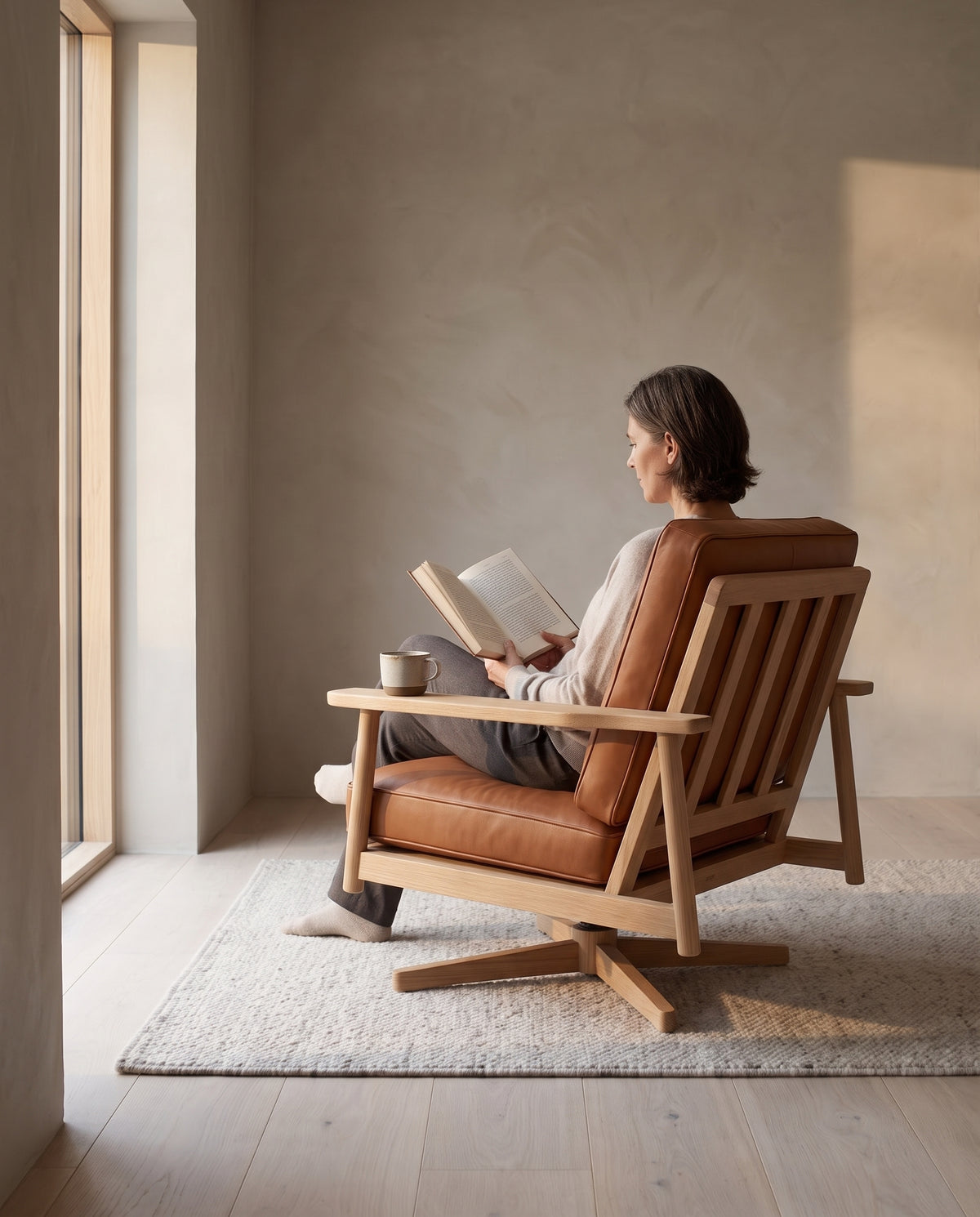 Chinon Cognac Leather and Oak Swivel Chair in everyday use at home
