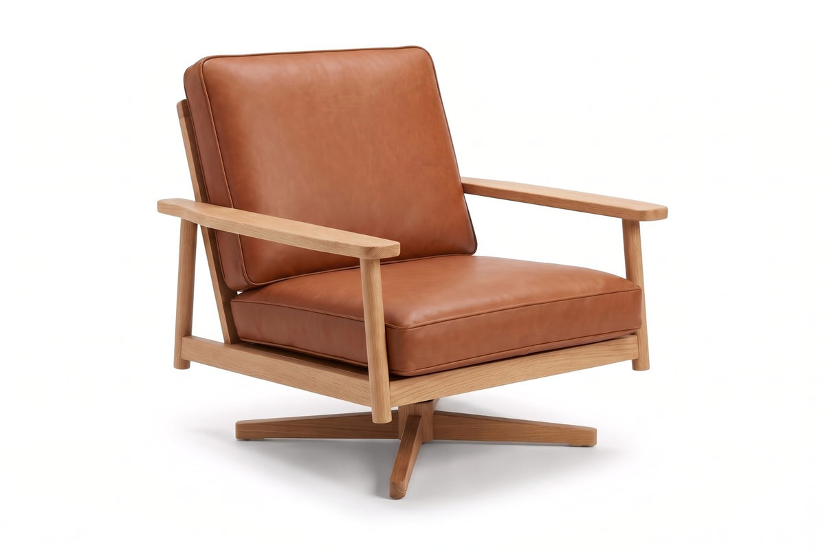 Chinon Leather Swivel Lounge Chair – Solid Oak Frame, Open Arms, 360° Swivel
