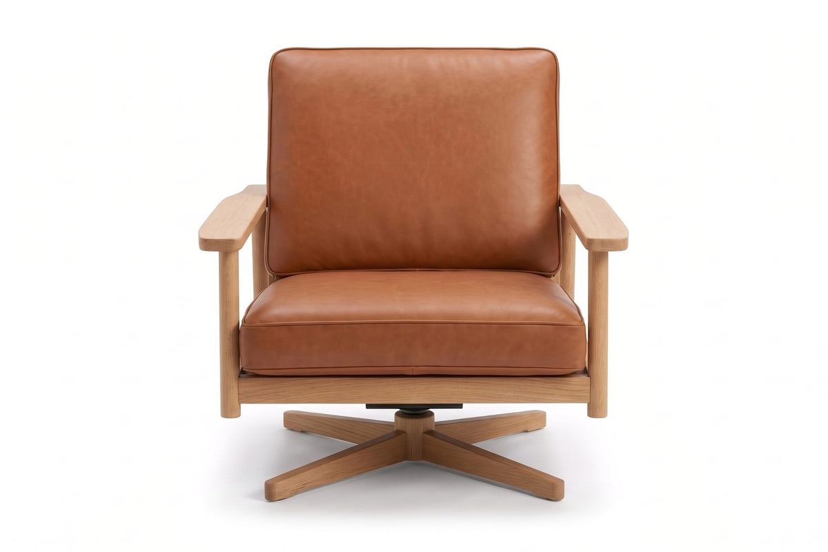 Chinon Leather Swivel Lounge Chair – Solid Oak Frame, Open Arms, 360° Swivel