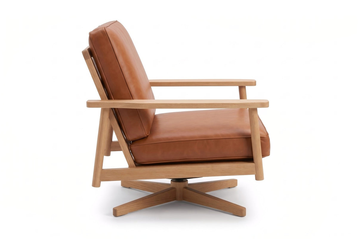 Chinon Leather Swivel Lounge Chair – Solid Oak Frame, Open Arms, 360° Swivel