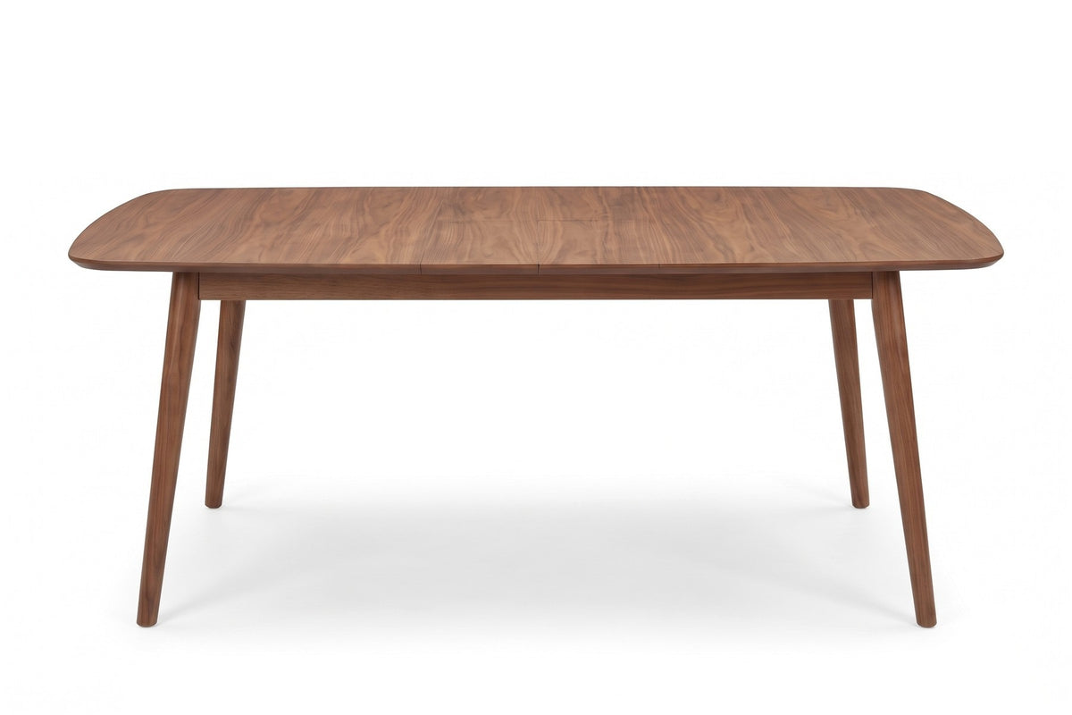 Cluny Extendable Walnut Dining Table, straight side view at table height, showing the long side and the angled legs