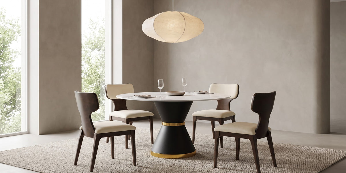 Colette chairs around the round white Orsay table in a wide, calm dining room