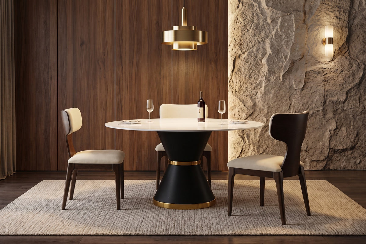 Colette dining chairs around the round white Orsay table in a warm evening dining room
