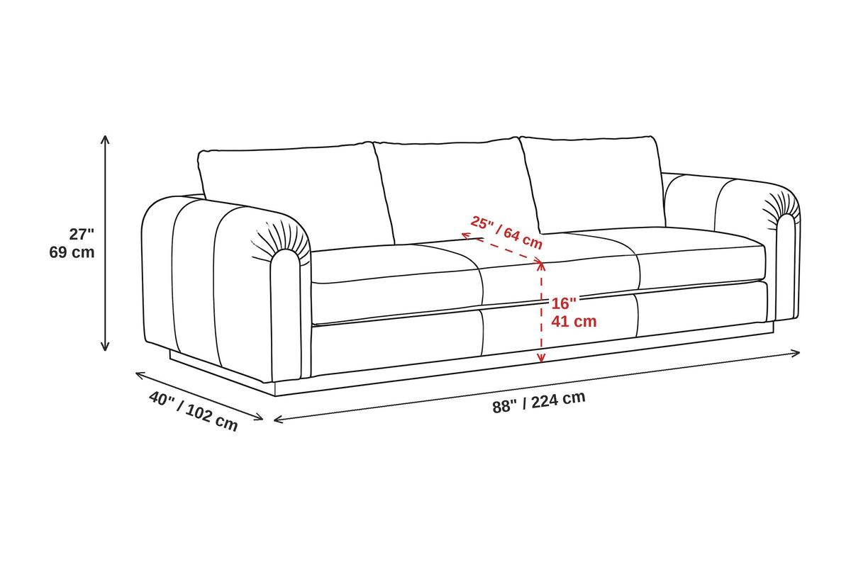 Collioure 88" Low Leather Sofa – Gathered Arms, Bench Seat, Walnut Plinth