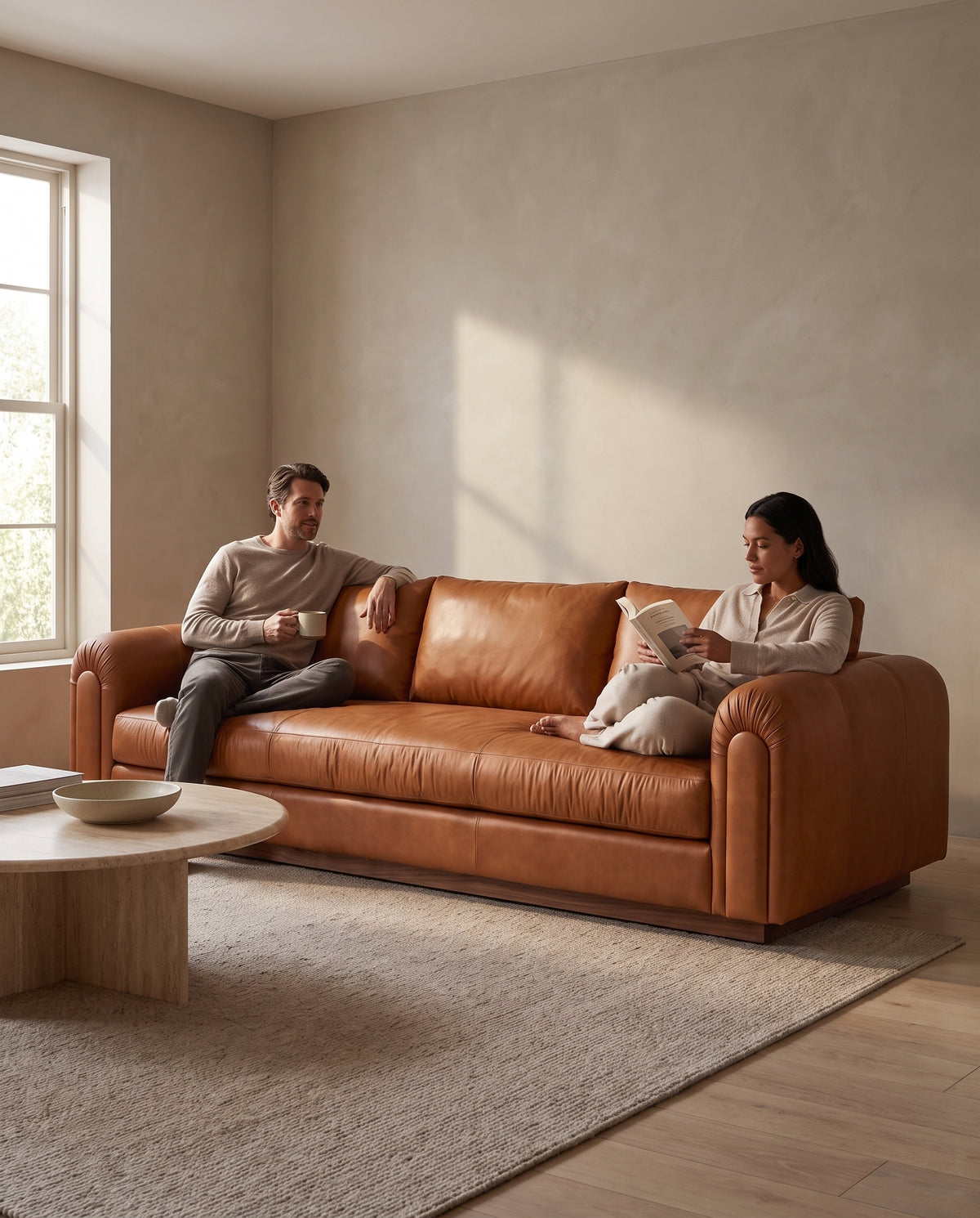 Collioure Cognac Leather Low Sofa in everyday use at home
