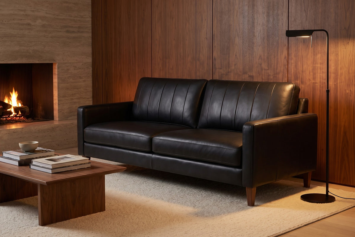 Colmar 86" Leather Sofa – Channel-Stitched Back, Deep Seat, Walnut-Finish Legs