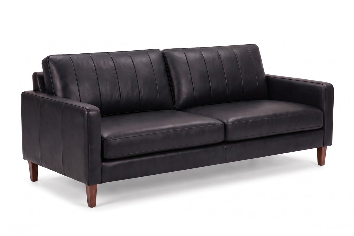 Colmar Leather Sofa in Black, three-quarter view on white