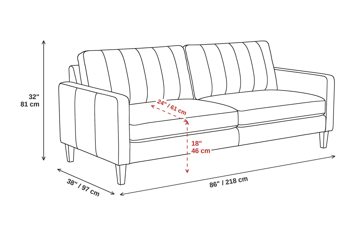 Colmar 86" Chocolate Leather Sofa dimensions