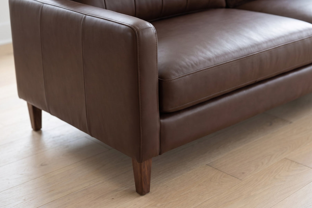 Colmar 86" Leather Sofa – Channel-Stitched Back, Deep Seat, Walnut-Finish Legs