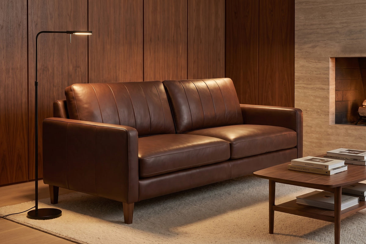 Colmar 86" Chocolate Leather Sofa styled in a room