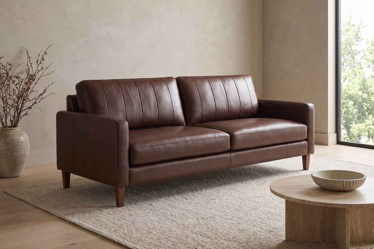 Colmar 86" Leather Sofa – Channel-Stitched Back, Deep Seat, Walnut-Finish Legs
