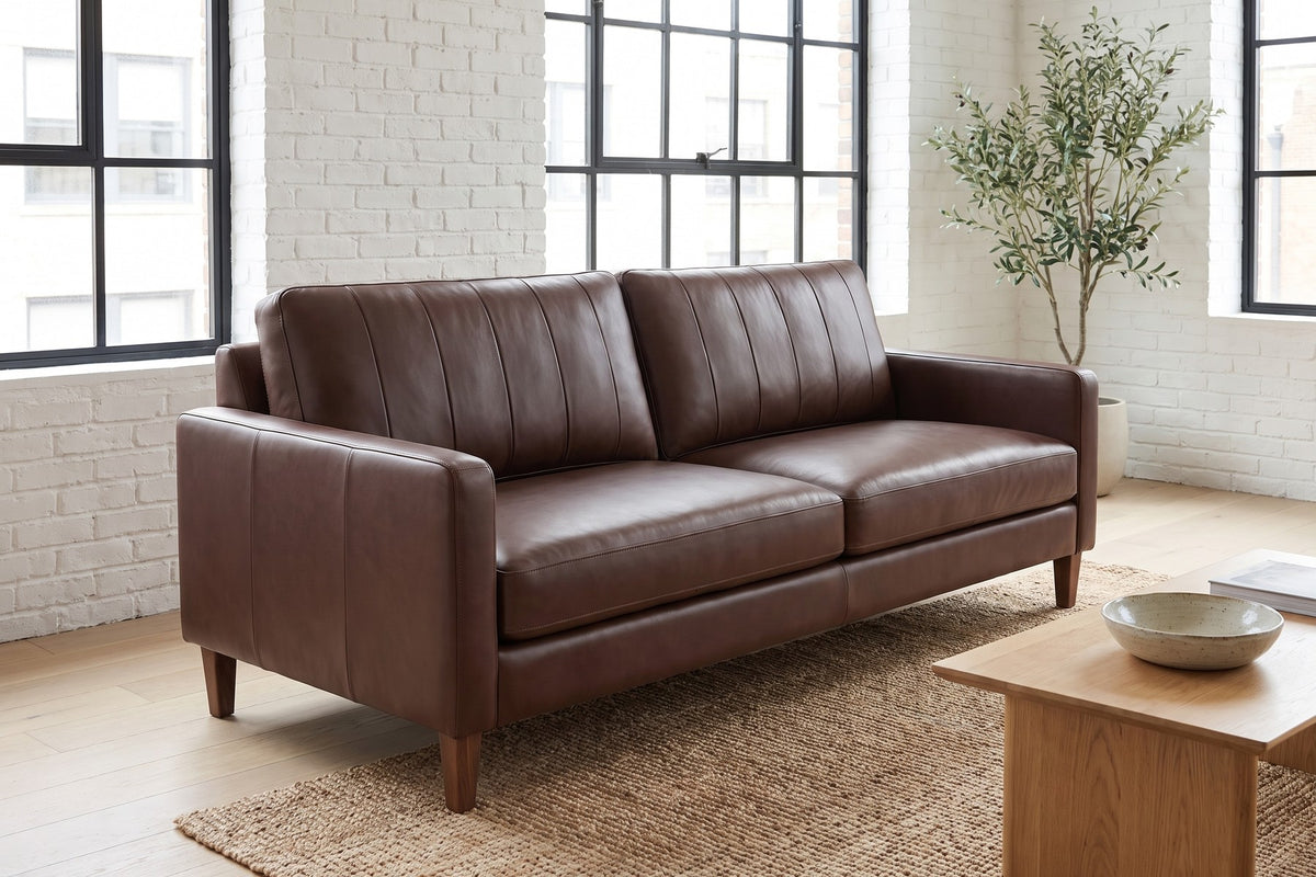 Colmar 86" Leather Sofa – Channel-Stitched Back, Deep Seat, Walnut-Finish Legs