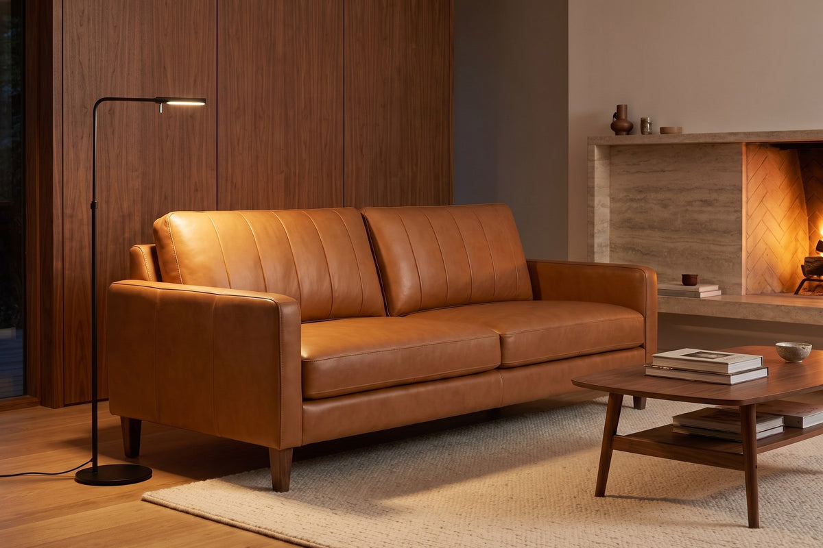 Colmar Leather Sofa in Saddle Tan, in a room setting