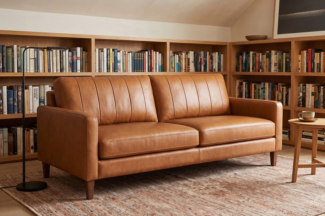 Colmar Leather Sofa in Saddle Tan, in a living space