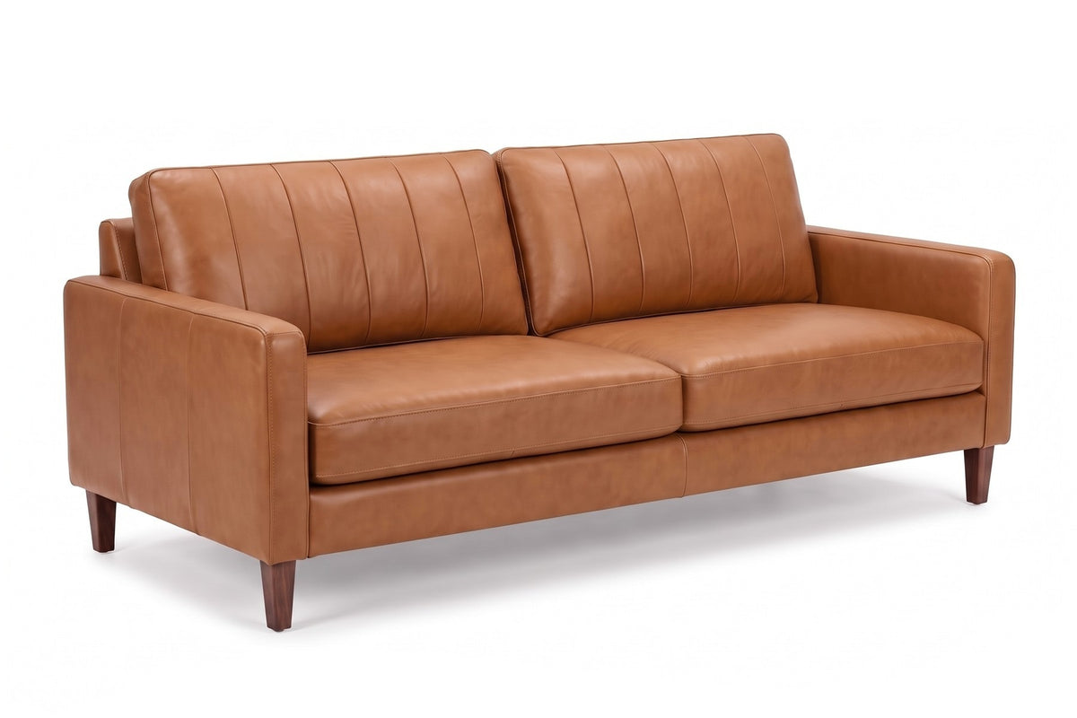 Colmar 86" Leather Sofa – Channel-Stitched Back, Deep Seat, Walnut-Finish Legs