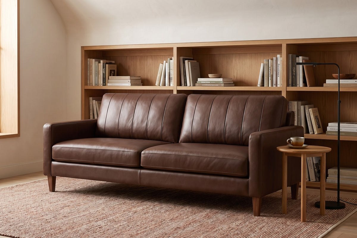 Colmar 86" Chocolate Leather Sofa in a living space