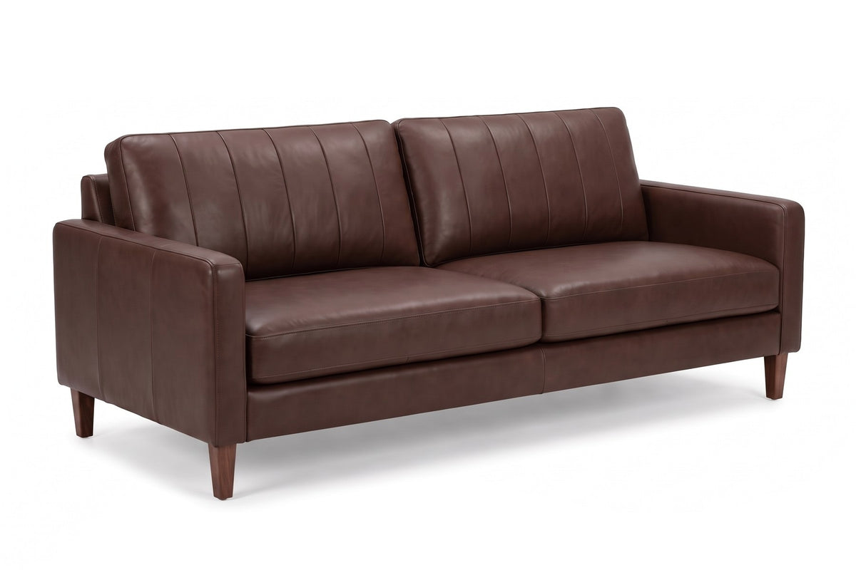 Colmar 86" Leather Sofa – Channel-Stitched Back, Deep Seat, Walnut-Finish Legs