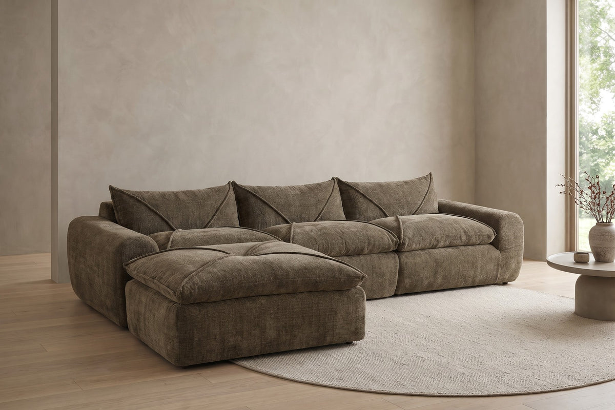 Concorde 116" Chenille Modular Sectional – Brown, Movable Ottoman, Legless