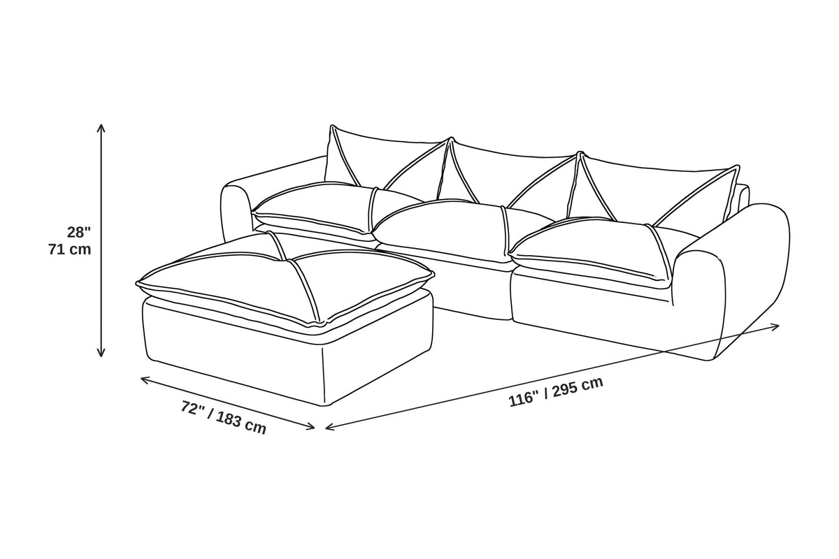 Concorde 116" brown chenille modular sectional with movable ottoman dimensions: 116 inches wide, 72 inches deep and 28 inches high