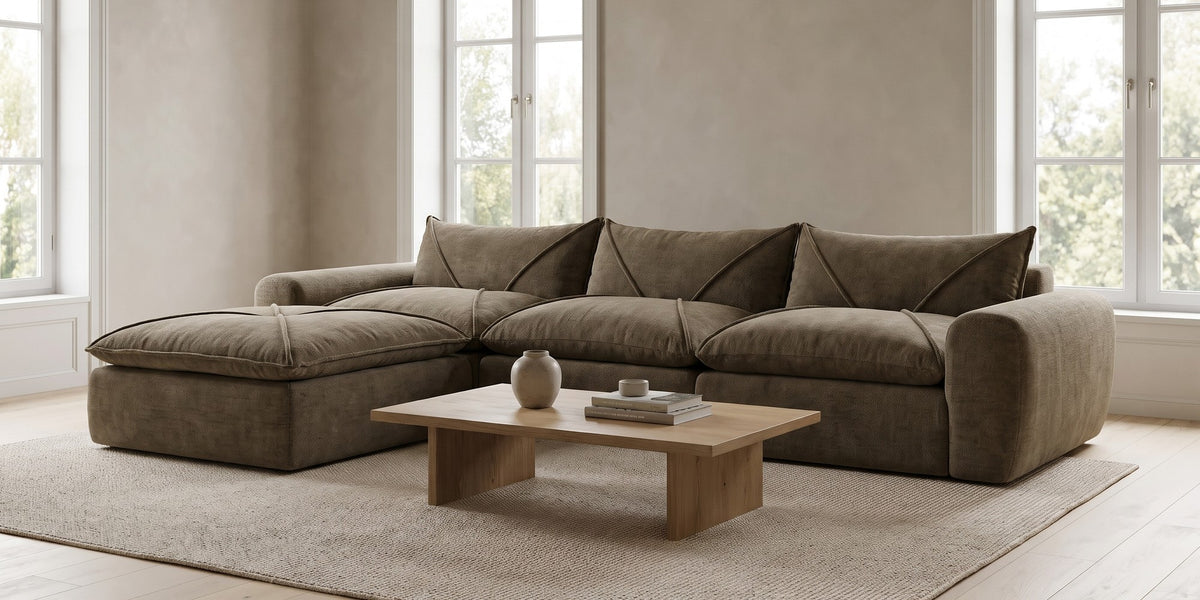 Concorde 116" brown chenille modular sectional with movable ottoman in a wide room view