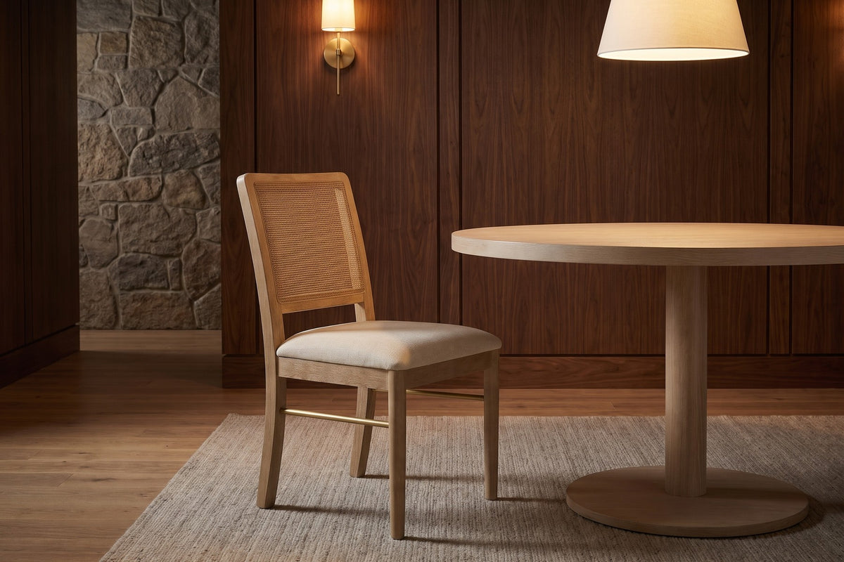 Daumesnil Cane Dining Chair – Sand-Wash Wood, Linen-Look Seat, Set of 2