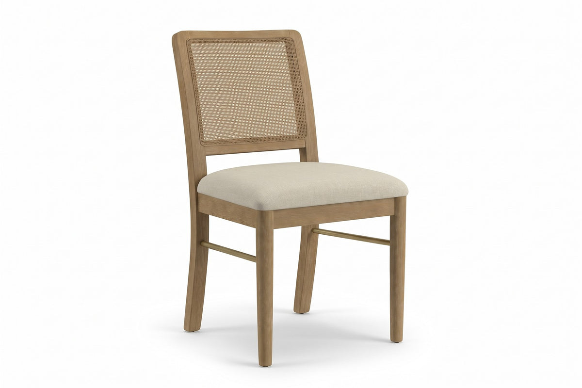 Daumesnil Cane Dining Chair – Sand-Wash Wood, Linen-Look Seat, Set of 2